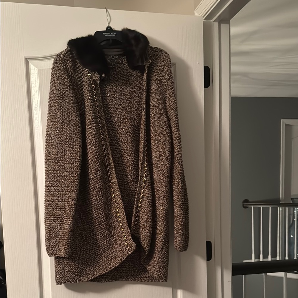 Brown Knit Coat with Faux Fur Collar